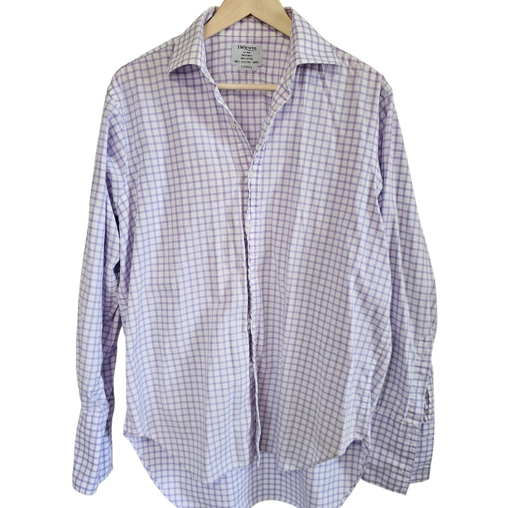 TM Lewin Luxury Mens Purple Gingham Check Dress Shirt 16.5‎ 34.5 100% Cotton